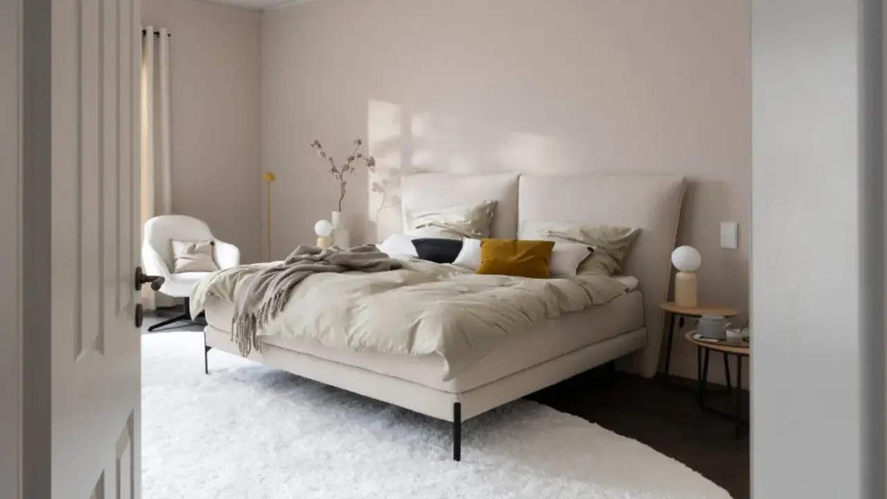 Beige schlafzimmer ideen: einladendes Bett mit beiger Bettwäsche, Akzentkissen und Decke. Weißer Sessel, Nachttische und Teppich schaffen Gemütlichkeit.