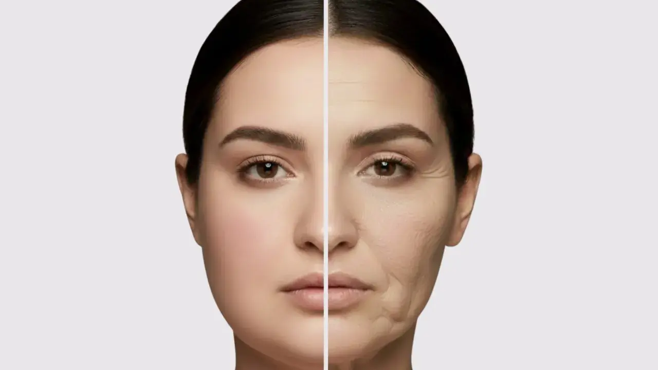 Gespaltenes Gesicht: links jugendlich, rechts gealtert mit Falten. Mögliche Nebenwirkung von Ozempic?
