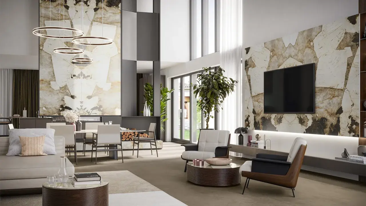 Moderne inspiration wohnzimmer einrichtung mit Marmor-Akzenten, Ringleuchten und bequemen Sitzmöbeln.