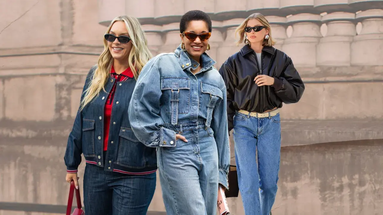 Drei Frauen zeigen, wie man Mom Jeans kombiniert: mit Jeansjacke, Bomberjacke und lässigen Oberteilen.