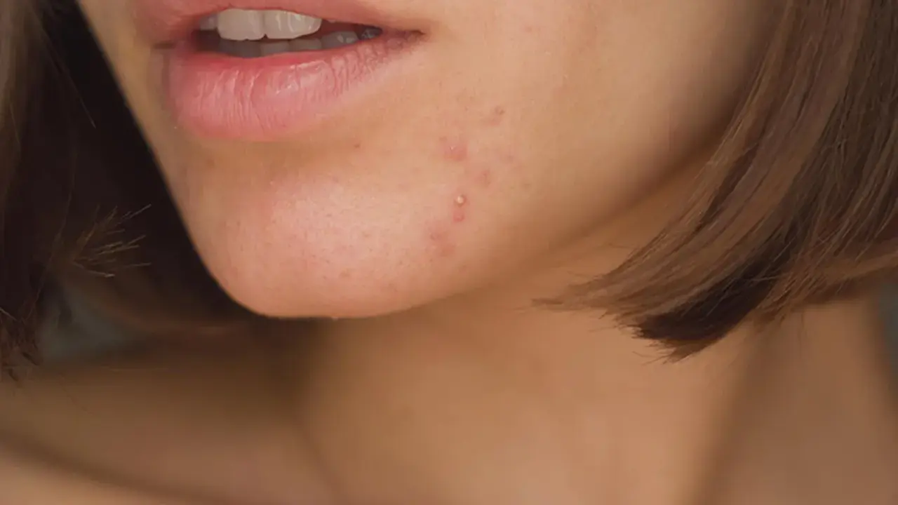 Nahaufnahme von Lippen und Kinn mit einigen Pickeln. Die Bedeutung von Pickeln am Kinn kann vielfältig sein, oft hormonell bedingt.