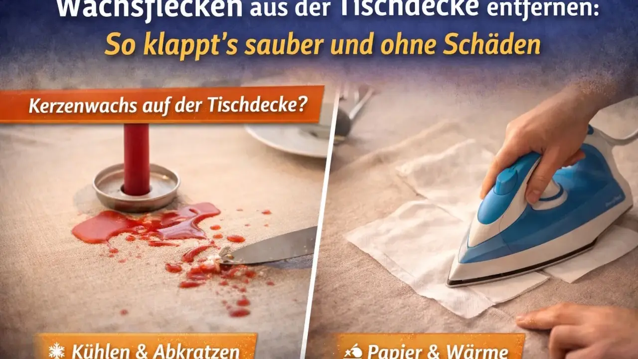 Kerzenwachs aus der Tischdecke entfernen: Links ein roter Wachsfleck mit Messer, rechts Bügeleisen auf Papier. So klappt's sauber.