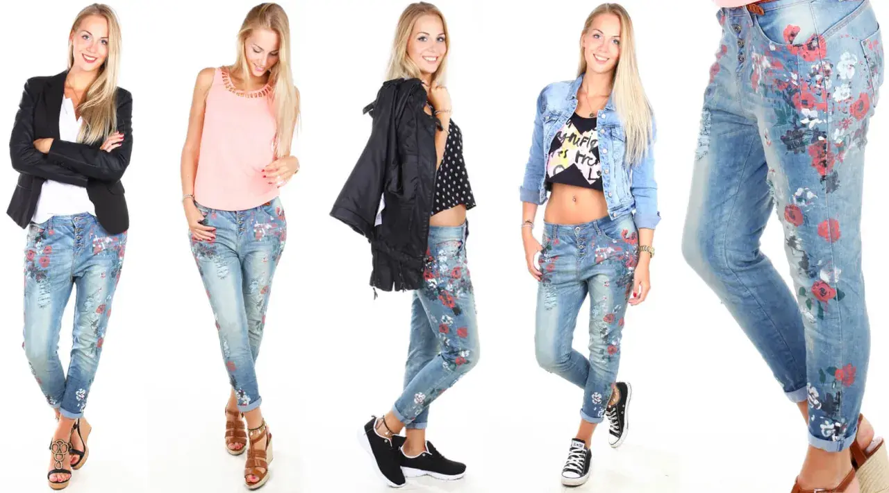 Modische Outfits mit floral gemusterten Boyfriend Jeans kombinieren: lässig mit Blazer, süß mit Top oder rockig mit Jeansjacke.