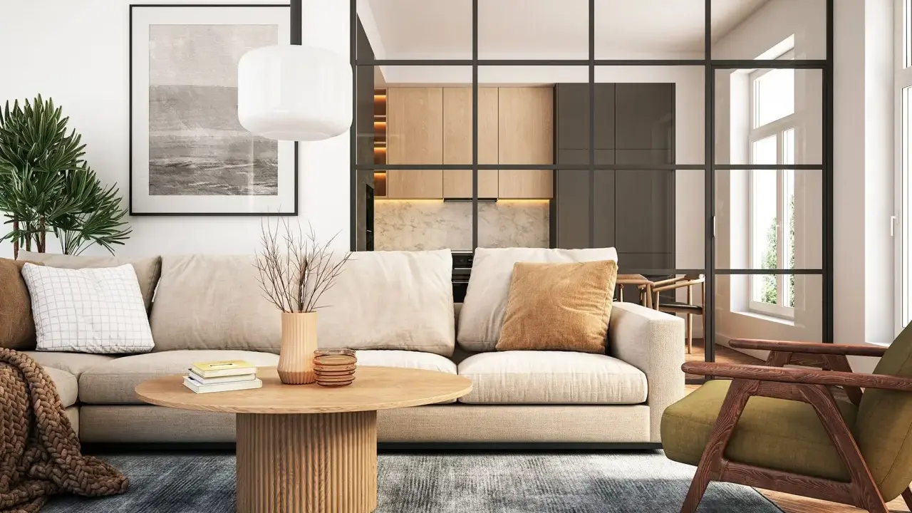 Modernes wohnzimmer einrichten: Beige Couch, Holztisch, grüner Sessel und eine offene Küche hinter Glas.