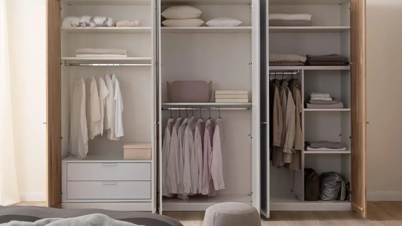 Ein offener Kleiderschrank, bereit zum Ausmisten. Ordentlich sortierte Kleidung auf Kleiderbügeln und gefaltete Textilien auf den Regalen.