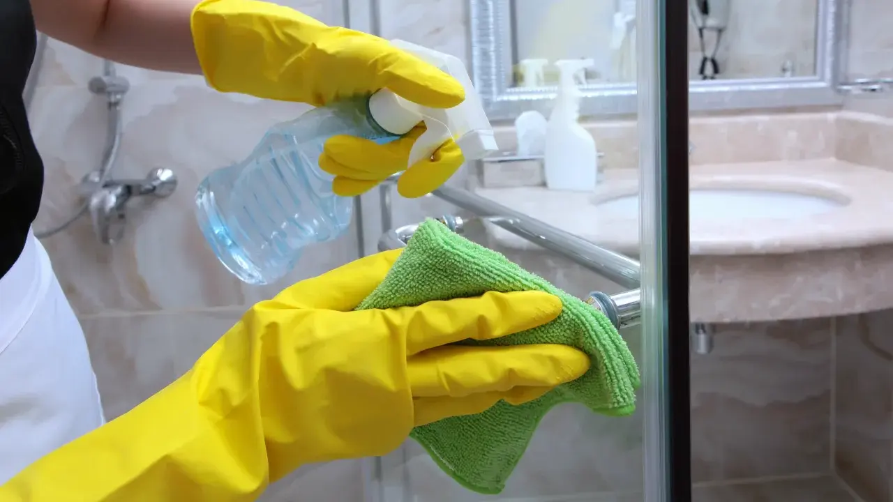 Hände in gelben Handschuhen sprühen Reinigungsmittel auf die Duschkabine, um Kalkflecken am Glas zu entfernen.