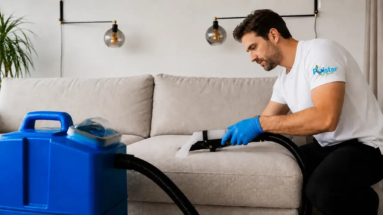 Mann mit blauen Handschuhen reinigt mit einem Sprühextraktionsgerät eine beige Couch.