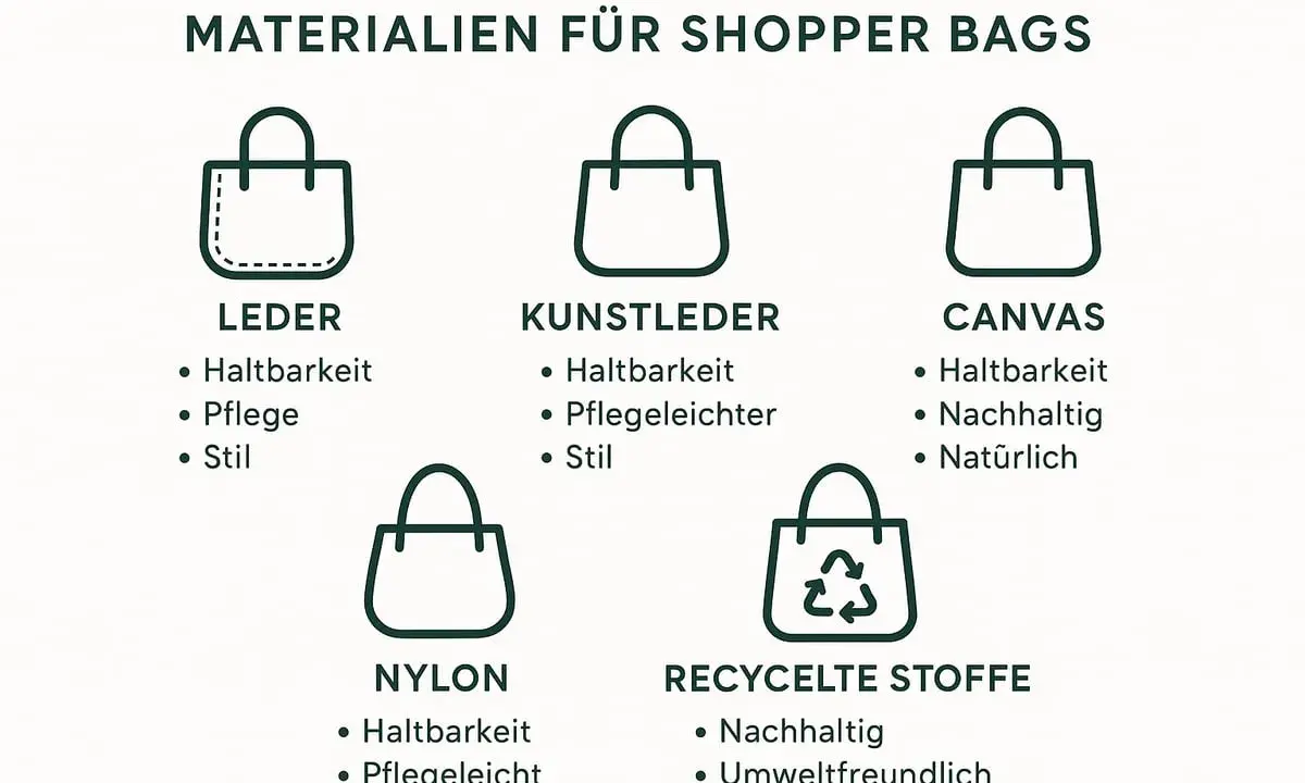 Materialien für Shopper Bags: Leder, Kunstleder, Canvas, Nylon und recycelte Stoffe. Was ist eine tote bag? Eine tote bag ist eine vielseitige Tasche aus diesen Materialien.
