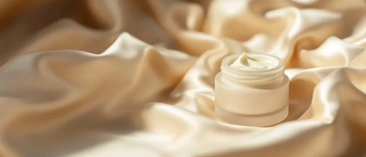 Creme in einem Glas auf seidigem Stoff.