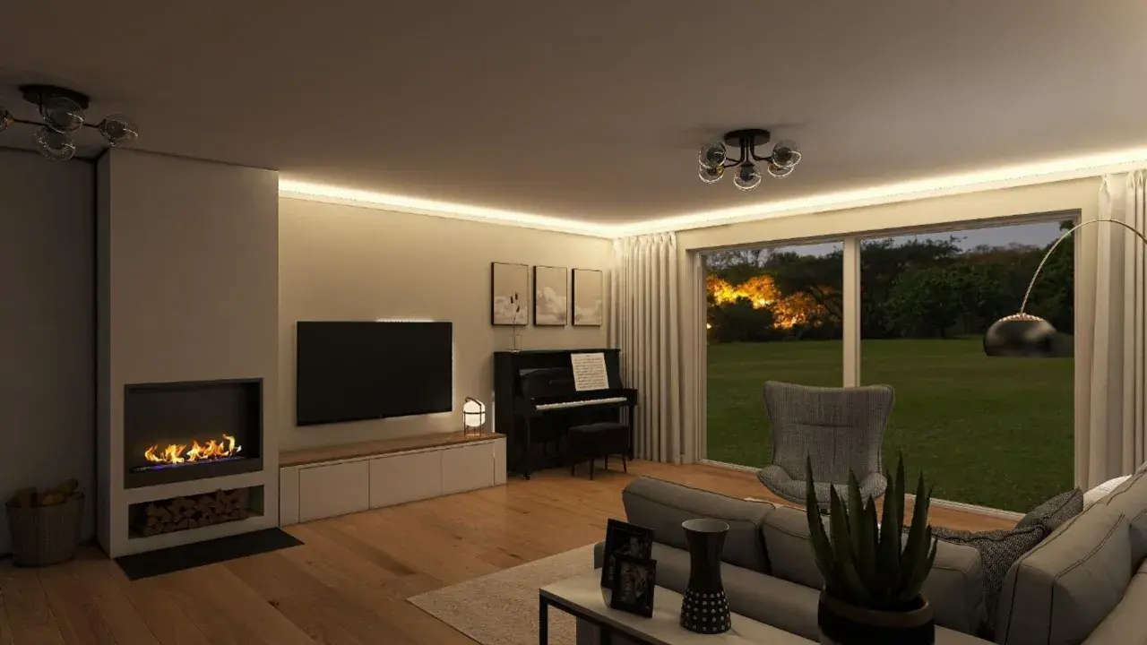 Gemütliches, modernes Wohnzimmer mit Kamin, Klavier und großem Fenster zum Garten.