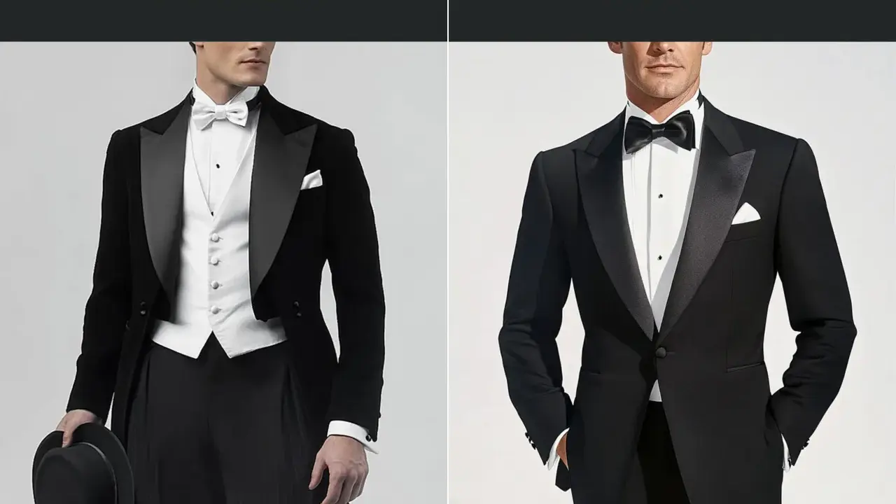 Zwei Männer in eleganten Anzügen. Links ein Frack mit weißer Weste und Fliege, rechts ein Smoking mit schwarzer Fliege. Perfekt für "black tie optional".