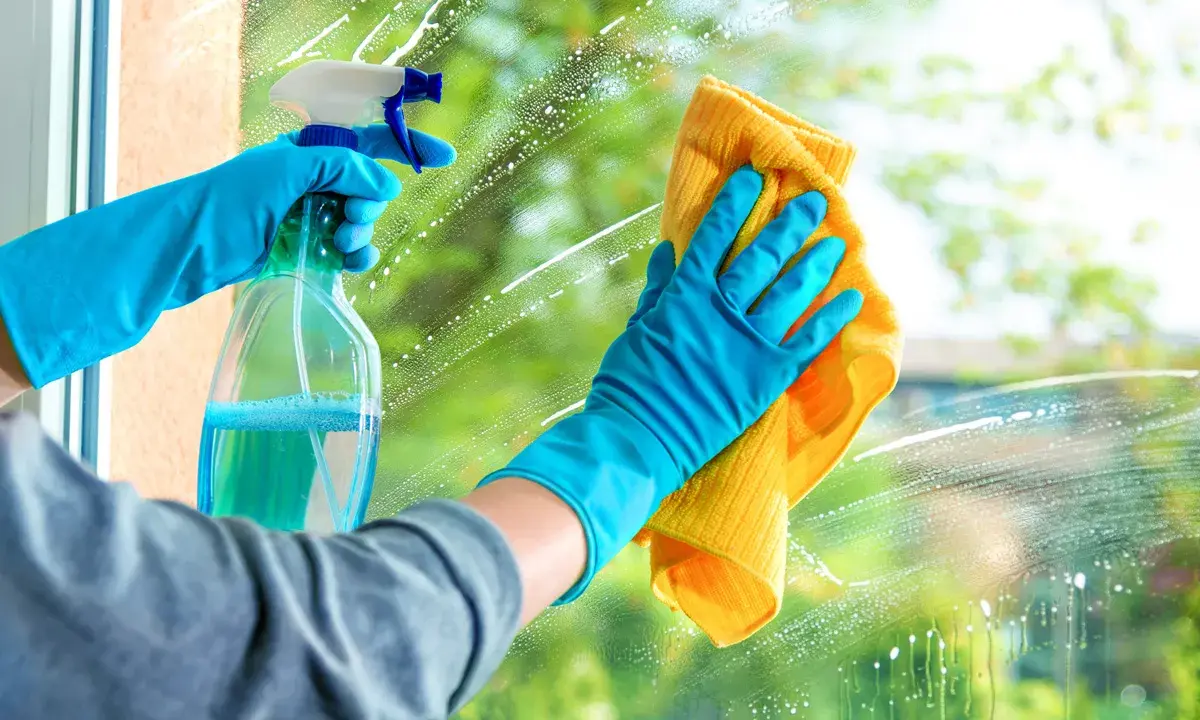 Blaue Handschuhe sprühen Reinigungsmittel auf ein Fenster, um es zu putzen. Ein gelbes Tuch wischt die Seifenblasen weg.