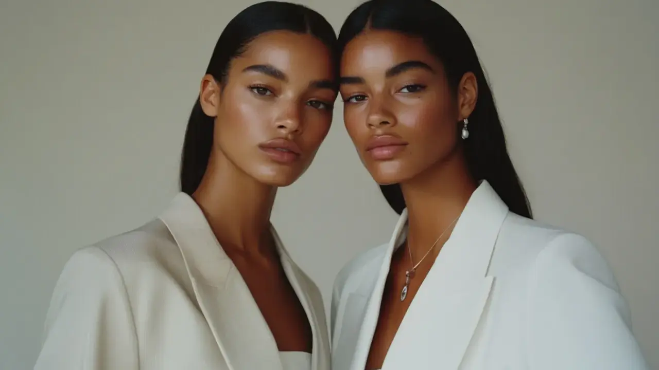 Zwei Models mit makelloser Haut und glänzendem Haar, im Stil einer "clean girl", tragen elegante Blazer.