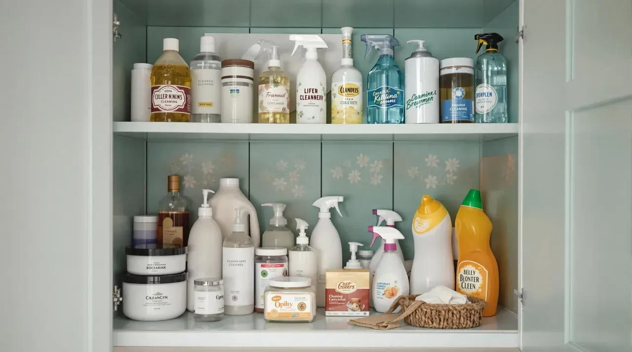 Omas Haushaltstipps: Eine Sammlung von Reinigungsmitteln in einem Schrank, von Sprühflaschen bis zu großen Behältern.
