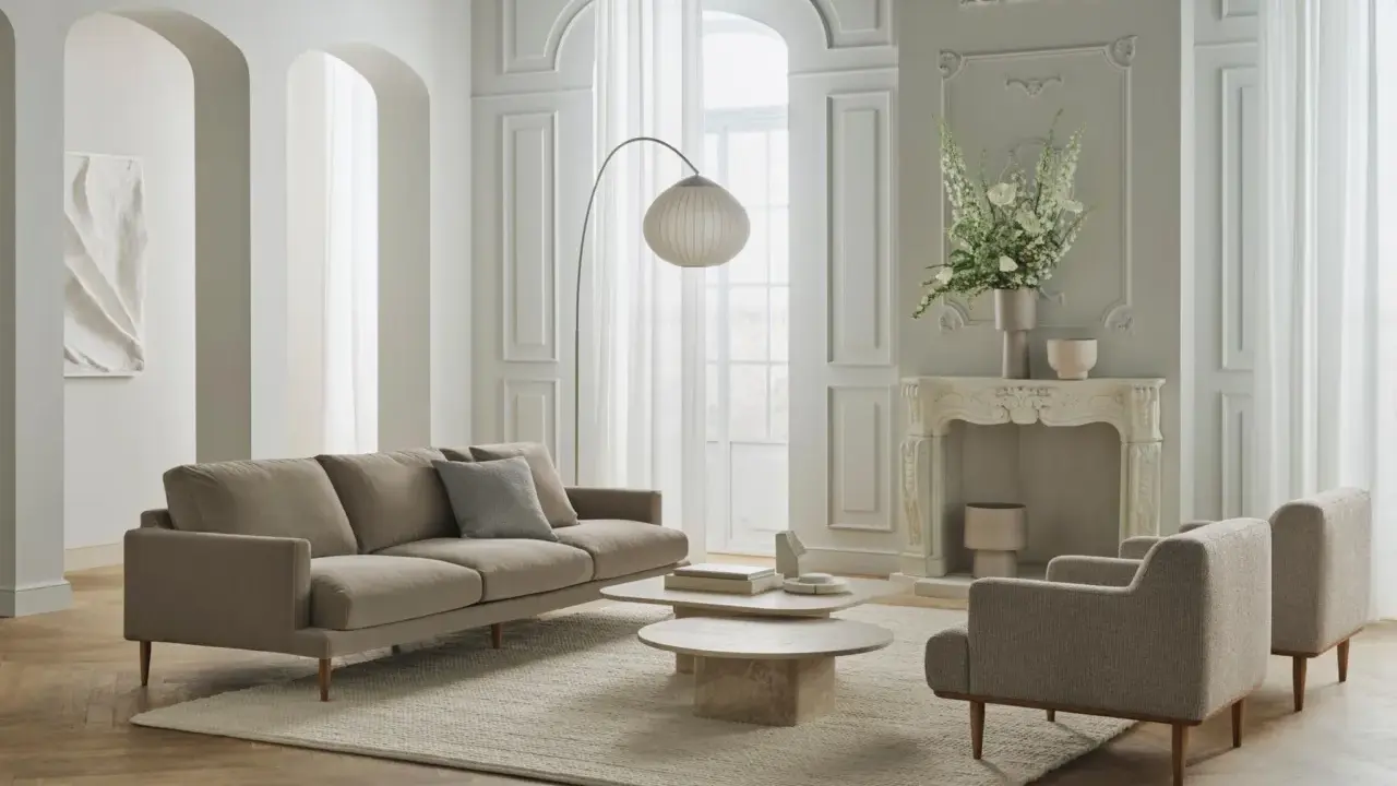 Ein minimalistisches Wohnzimmer mit beigem Sofa, zwei Sesseln, runden Couchtischen und einem Bogenlampenschirm.