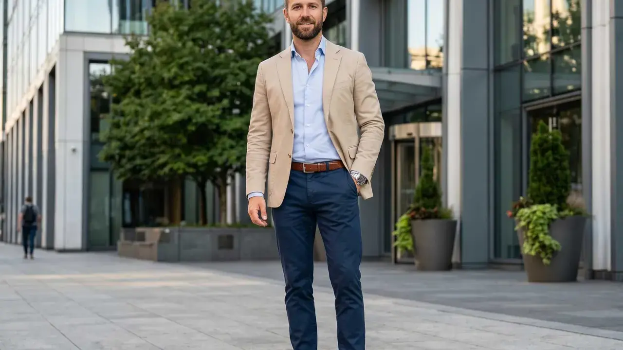 Ein Mann in einem hellbeigen Sakko und hellblauem Hemd, dazu dunkelblaue Hose. Ein klassischer Look, der immer passt.