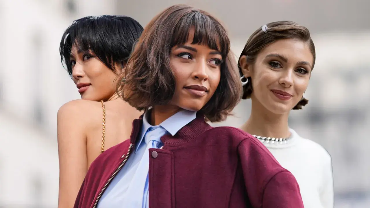Drei Frauen mit stilvollen Scandi Bob Frisuren. Eine mit kurzem schwarzen Haar, eine mit braunem Bob und Pony, und eine mit elegant zurückgestecktem Haar.