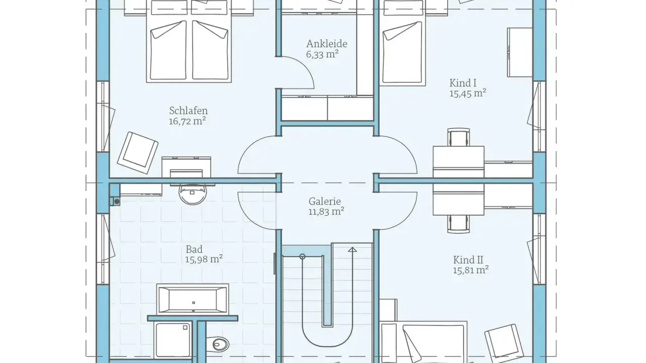 Grundriss mit Schlafzimmer, Bad, Ankleide und zwei Kinderzimmern. Tolle ankleidezimmer ideen für mehr Ordnung.