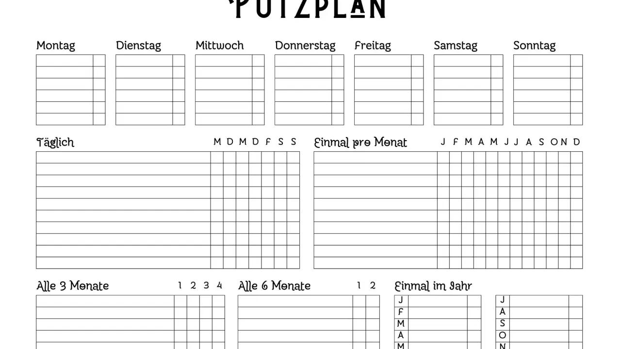 Übersichtlicher Putzplan Wohnung mit Feldern für tägliche, wöchentliche, monatliche und jährliche Reinigungsaufgaben.