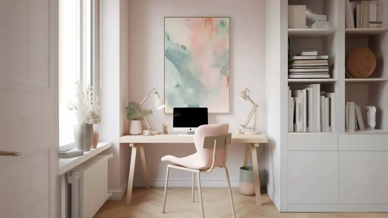 Helle, moderne homeoffice ideen: Schreibtisch mit PC, rosa Stuhl, Bücherregal und Kunstwerk.