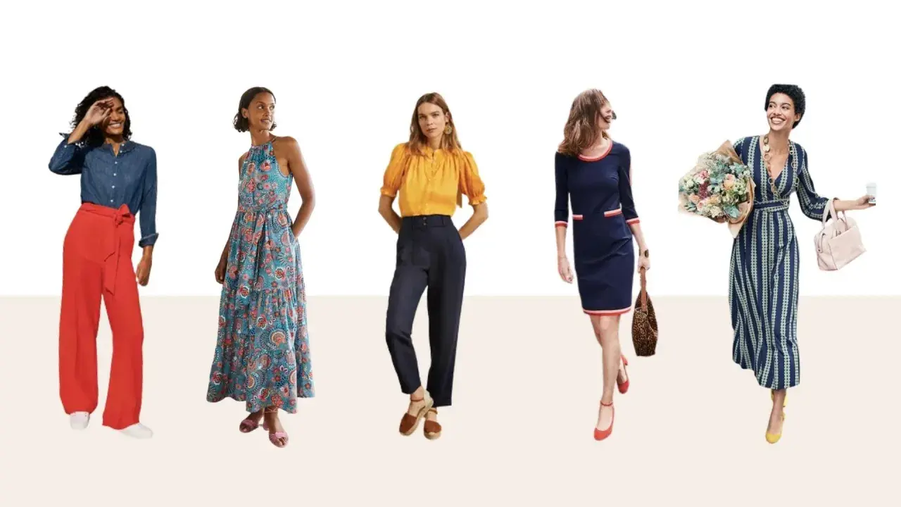 Fünf Frauen präsentieren Outfits: weite rote Hose, geblümtes Maxikleid, gelbe Bluse mit dunklen Hosen, blaues Kleid mit roten Akzenten und gestreiftes Kleid. Passende schuhe zu kleidern runden den Look ab.