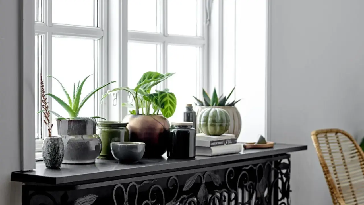 Grüne Pflanzen und Deko-Objekte schmücken die Fensterbank. Ein Aloe Vera und eine Calathea sorgen für frisches Grün. Die Fensterbank dekorieren mit stilvollen Vasen und Büchern.