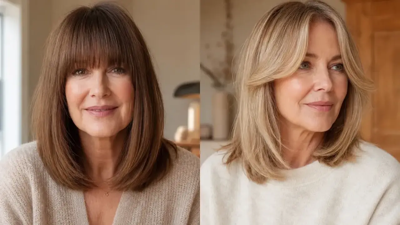 Zwei Frauen mit unterschiedlichen Frisuren: links eine Frau mit braunem Haar und Birkin Bangs, rechts eine Frau mit blonden Haaren und Curtain Bangs.