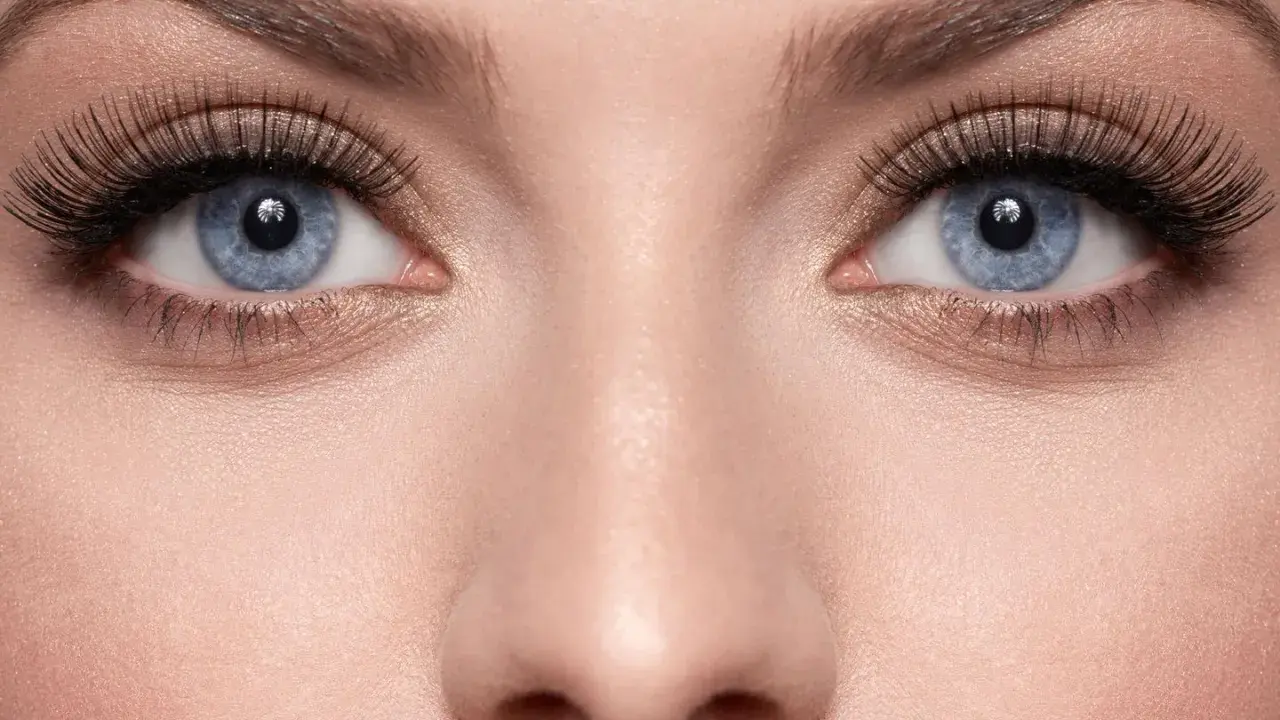 Blaue Augen mit dramatisch aufklebbaren Wimpern und goldenem Lidschatten.