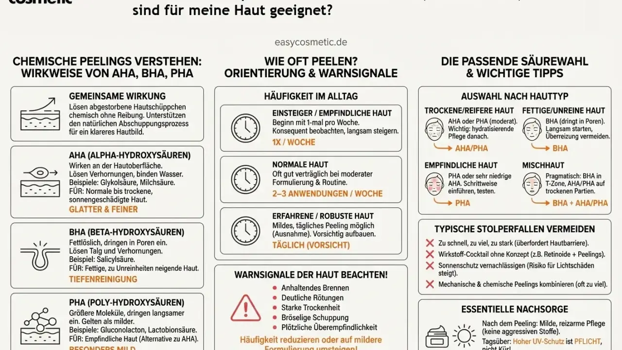 Infografik erklärt, wie oft man peelings mit aha, bha, pha anwenden kann und welche säuren für welchen hauttyp geeignet sind.