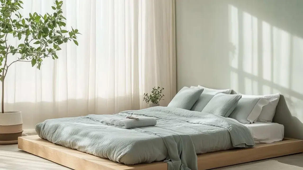 Ein ruhiges Schlafzimmer mit einem niedrigen Holzbett, bedeckt mit hellgrüner Bettwäsche. Die Wandfarbe und die Textilien harmonieren perfekt für ein Feng Shui Schlafzimmer.