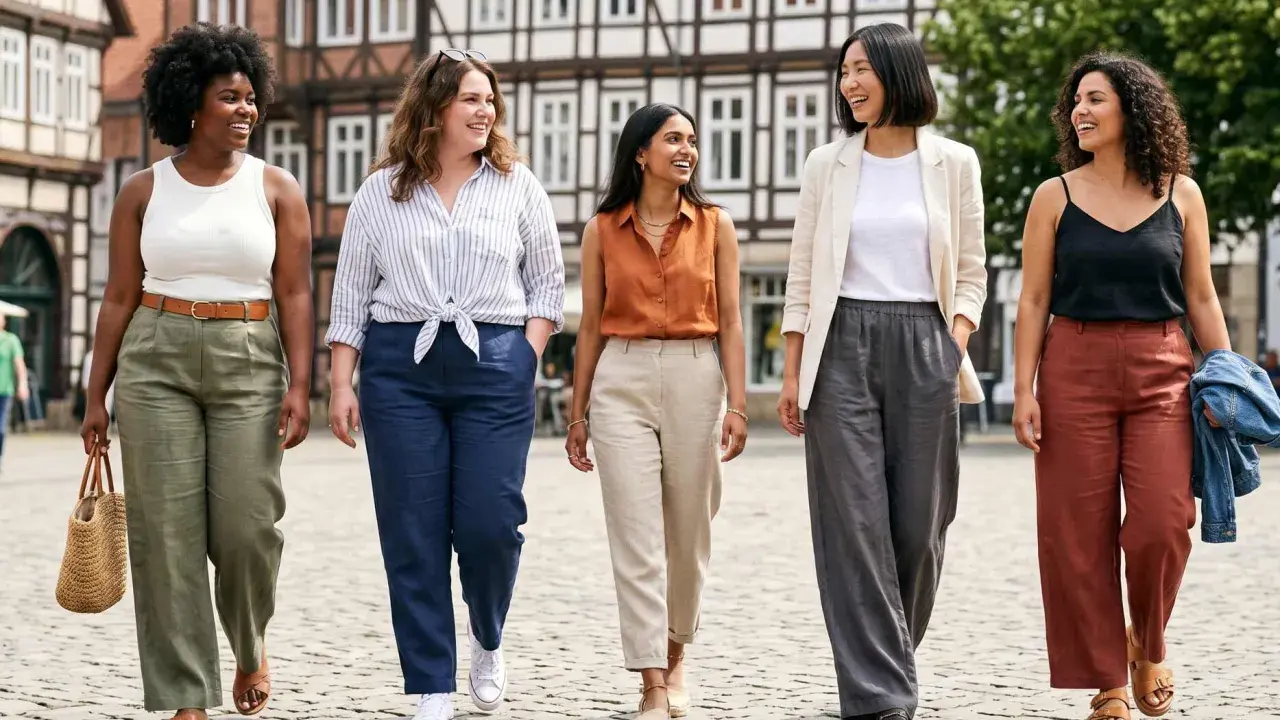 Fünf Frauen spazieren lächelnd über einen Platz. Sie zeigen, wie man Leinenhose kombinieren kann, in verschiedenen Farben und Styles.