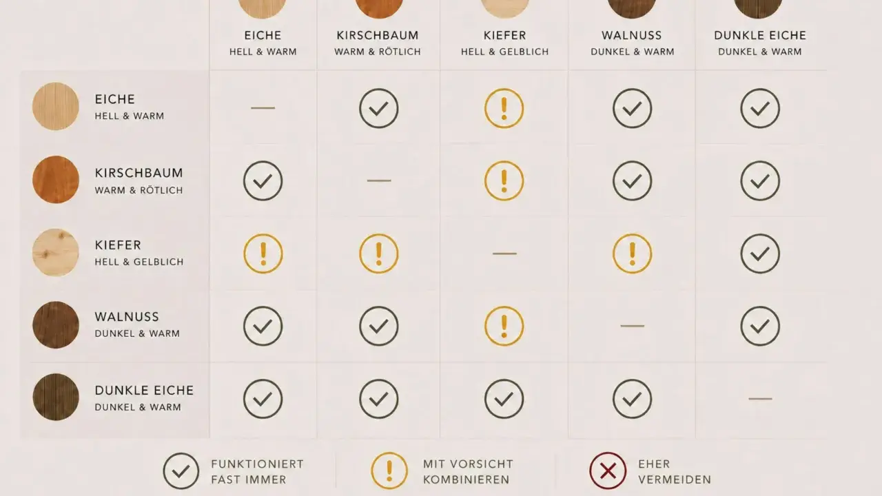 Tabelle zeigt, welche holzarten kombinieren gut funktionieren. Haken bedeuten gut, Ausrufezeichen vorsichtig, Striche vermeiden.