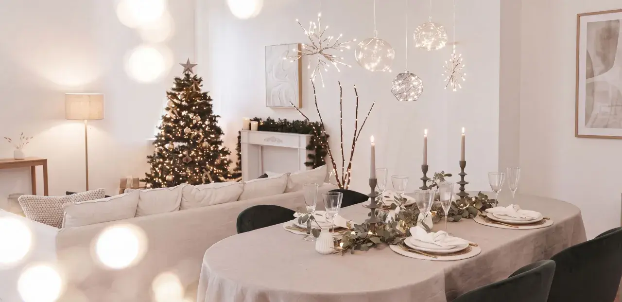 Festlich gedeckter Tisch mit Kerzen und Weihnachtbaum. Die Frage "ab wann weihnachtsdeko" stellt sich hier nicht, denn die Deko ist bereits da!
