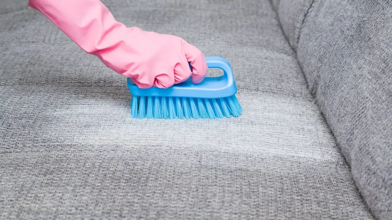 Hand in pink glove uses blue brush to scrub grey fabric, showing how to remove blutflecken.