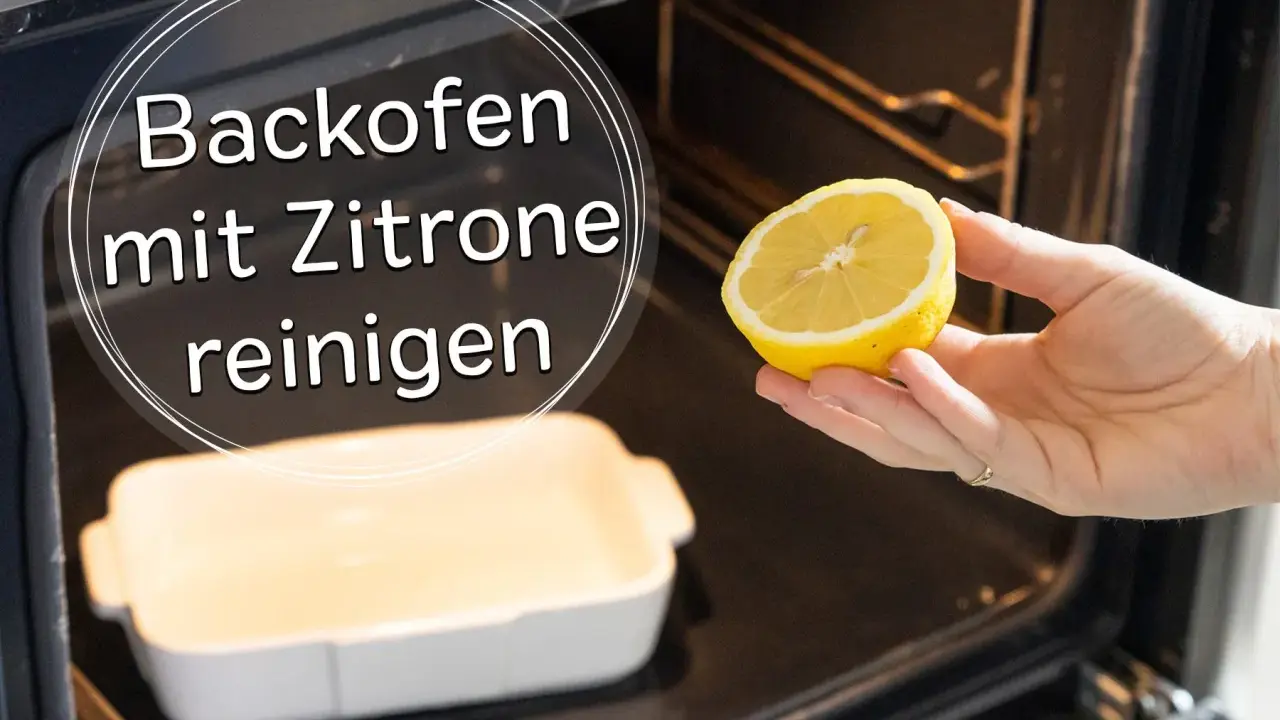 Backofen reinigen mit Zitrone: Eine Hand hält eine Zitronenhälfte über einer Auflaufform im dunklen Backofen.