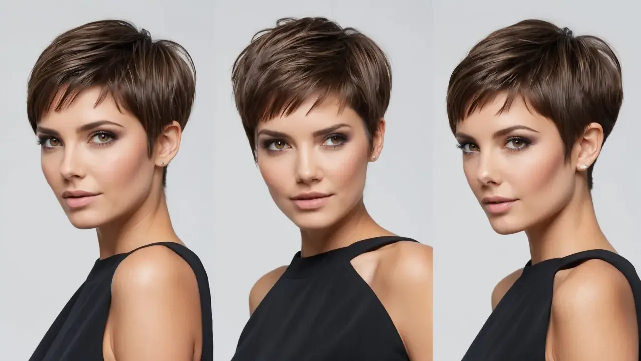 Drei Ansichten einer Frau mit einem modernen, braunen Pixie Cut und elegantem Make-up.