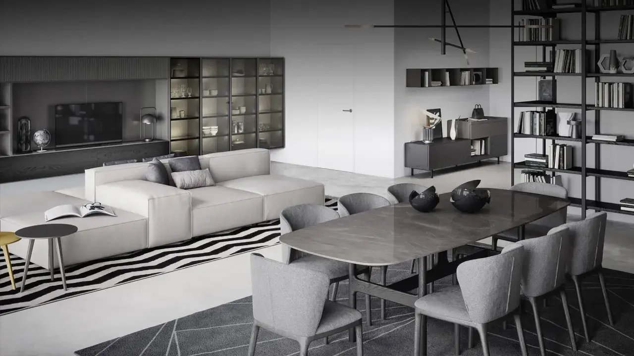 Modernes wohn esszimmer mit beiger Couch, Esstisch und Bücherregalen.