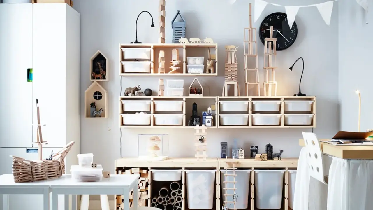 Ein schmal eingerichtetes Kinderzimmer mit viel Holz und weißen Aufbewahrungsboxen. Spielzeugtiere und Bauklötze sind ordentlich verstaut.