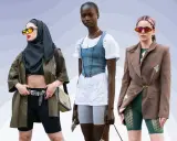 Drei Frauen zeigen, wie man eine Radlerhose kombiniert: mit Oversize-Jacke, Jeans-Korsett oder schickem Blazer.