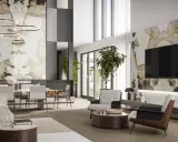 Moderne inspiration wohnzimmer einrichtung mit Marmor-Akzenten, Ringleuchten und bequemen Sitzmöbeln.