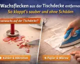Kerzenwachs aus der Tischdecke entfernen: Links ein roter Wachsfleck mit Messer, rechts Bügeleisen auf Papier. So klappt's sauber.