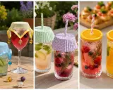 Schöne Cocktail Deko Ideen: Fruchtige Drinks mit Beeren, Zitrone und Minze, verziert mit bunten Bändern und Perlen.