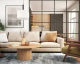 Modernes wohnzimmer einrichten: Beige Couch, Holztisch, grüner Sessel und eine offene Küche hinter Glas.