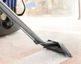 Ein Nasssauger reinigt einen hellen Teppichboden. Die Düse des Geräts ist auf dem Flor zu sehen.