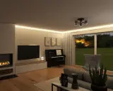 Gemütliches, modernes Wohnzimmer mit Kamin, Klavier und großem Fenster zum Garten.