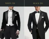 Zwei Männer in eleganten Anzügen. Links ein Frack mit weißer Weste und Fliege, rechts ein Smoking mit schwarzer Fliege. Perfekt für "black tie optional".
