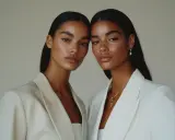 Zwei Models mit makelloser Haut und glänzendem Haar, im Stil einer "clean girl", tragen elegante Blazer.