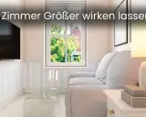 Ein helles, gemütliches kleines Wohnzimmer einrichten mit einem Sofa, einem Couchtisch, einer Lampe und einem Fernseher.