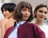 Drei Frauen mit stilvollen Scandi Bob Frisuren. Eine mit kurzem schwarzen Haar, eine mit braunem Bob und Pony, und eine mit elegant zurückgestecktem Haar.