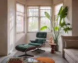 Gemütliche Ecke im midcentury stil mit einem grünen Cord-Sessel und Hocker, daneben eine große Zimmerpflanze und ein Beistelltisch.